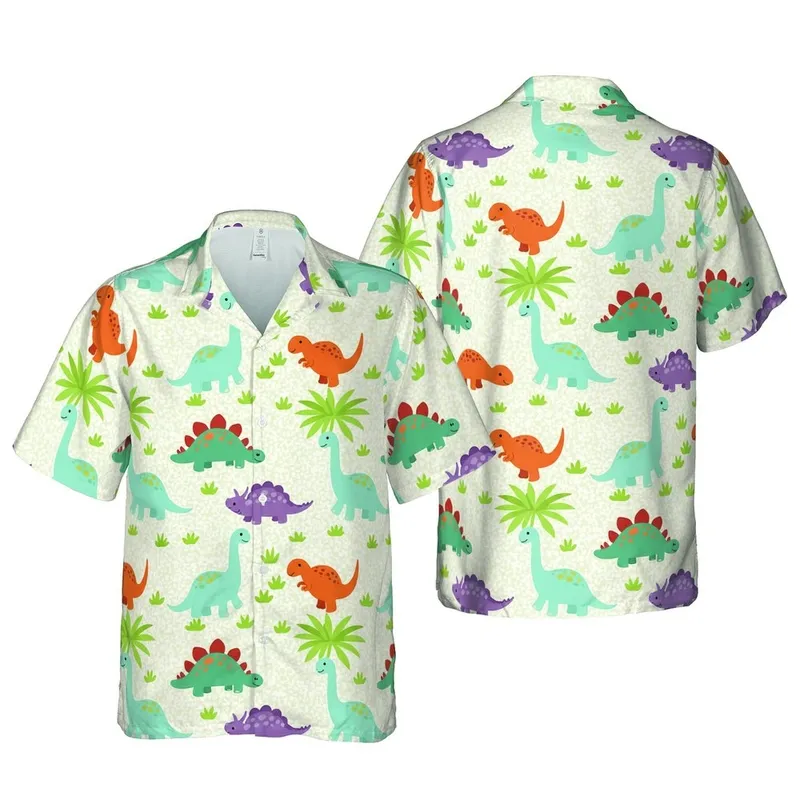 Hawaiian Cartoon Dinosaurs | Stegosaurus Brontosaurus T-Rex | Speckled Cream Landscape Short-sleeve Hawaiian Shirt - 1
