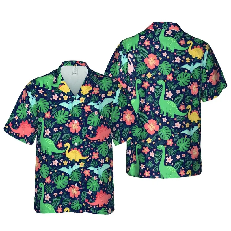 Cartoon Dinosaur Hawaiian Pattern Tropical Leaves Navy Floral Sublimation Design Short-sleeve Hawaiian Shirt - 1