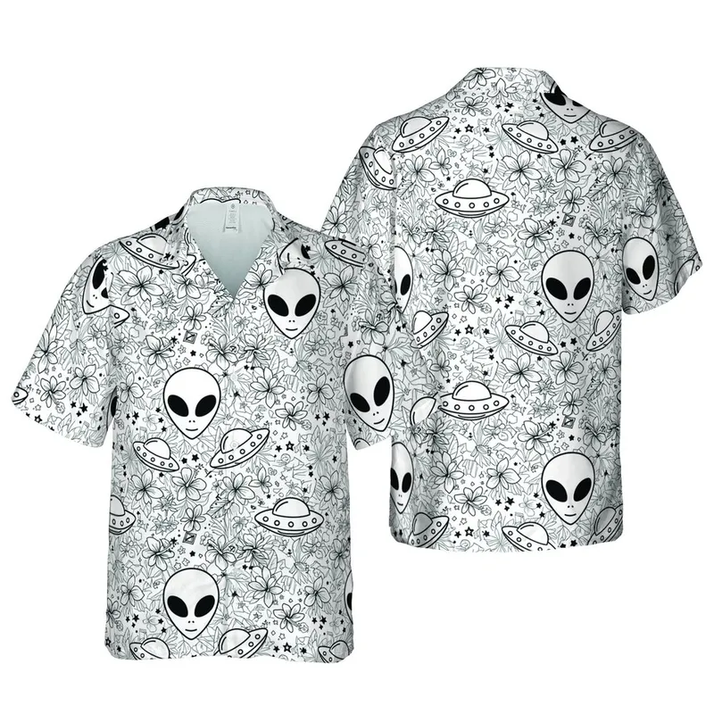 Space Explorer All-Over: Cartoon Alien Heads, UFOs, Planets, Black White Star Diamonds Short-sleeve Hawaiian Shirt - 1