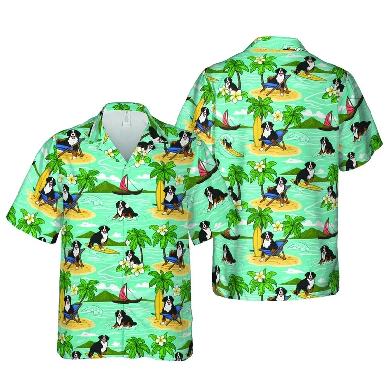 Bernese Mountain Dog Tropical Hawaiian Beach: Ocean Waves, Palm Trees, Plumeria Short-sleeve Hawaiian Shirt - 1