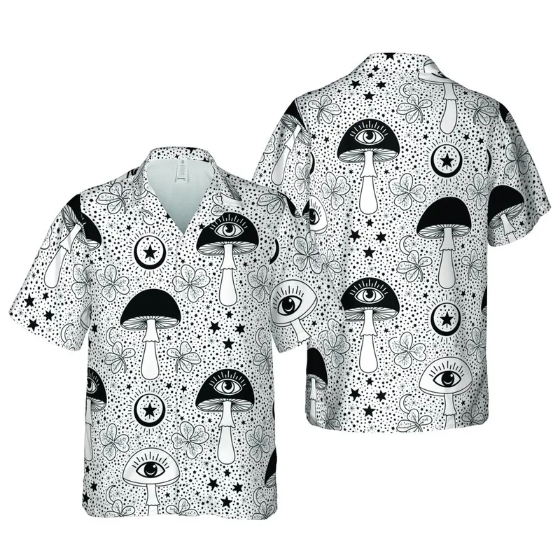 Hawaiian All-Seeing Eye Mushroom Trefoil Crescent Moon Star Black White Speckle Short-sleeve Hawaiian Shirt - 1