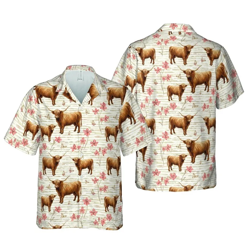 Highland Cattle & Calves Shaggy Fur Tropical Coral Wildflower Butterfly Print Short-sleeve Hawaiian Shirt - 1
