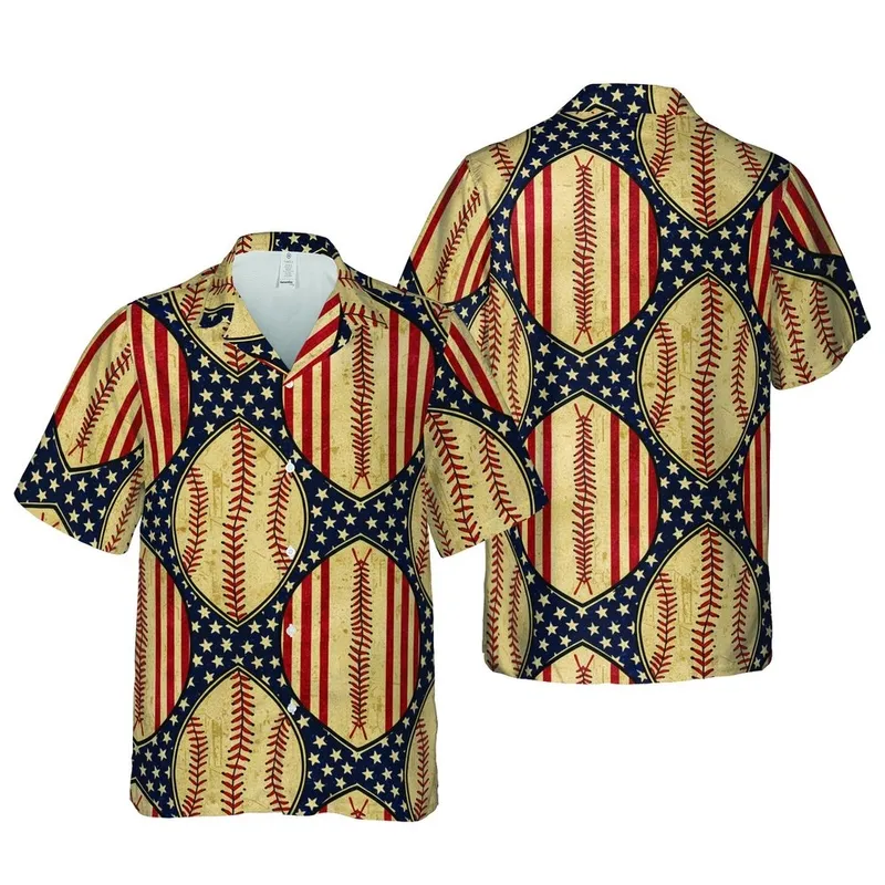 Patriotic Aloha Baseball Flag, Distressed Tan Red Black Pattern Short-sleeve Hawaiian Shirt - 1