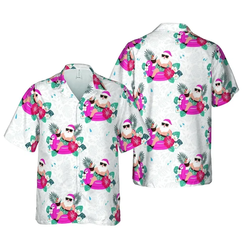 Santa Claus in Swim Shorts, Flamingo Floats, Hibiscus Flowers, Tropical Leaves Design Short-sleeve Hawaiian Shirt - 1