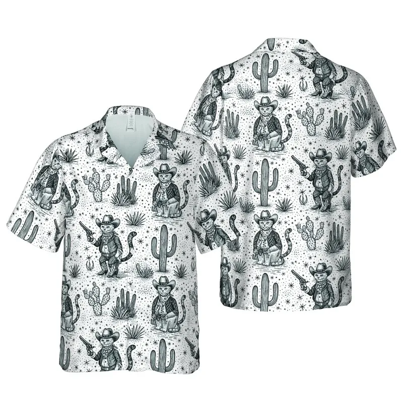 Cowboy Cat Hawaiian Pattern: Vintage Etching Desert Saguaro Cacti Stars Artwork Short-sleeve Hawaiian Shirt - 1