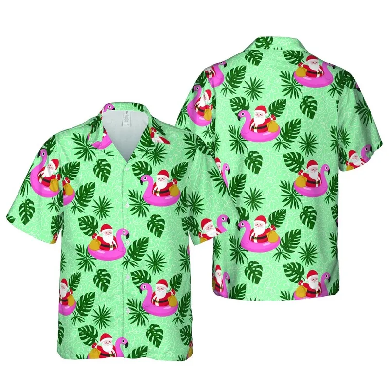 Festive Santa Flamingo Pattern: Tropical Leaves, Golden Gifts, Teal-Green Red Botanical Short-sleeve Hawaiian Shirt - 1