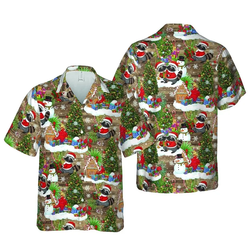 Santa Raccoon Christmas Hawaiian: Trees, Snowmen, Gingerbread, Gifts, Wood Plank, Snowflakes Short-sleeve Hawaiian Shirt - 1