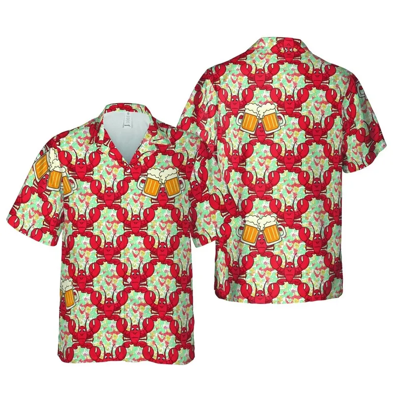 Tightly Packed Red Lobsters & Amber Beer Mugs Hawaiian Tropical Seamless Pattern Short-sleeve Hawaiian Shirt - 1