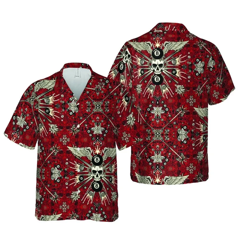 Billiards Player Hawaiian Skull Winged Eight Ball Fuse Pool Cue 8-Ball Starburst Mosaic Short-sleeve Hawaiian Shirt - 1