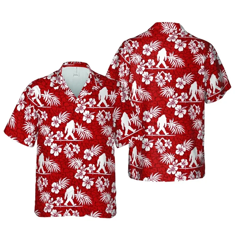 Seamless Bigfoot Walking Silhouettes Hawaiian Hibiscus Palm Crimson White Sublimation Design Short-sleeve Hawaiian Shirt - 1