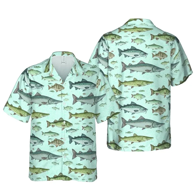 Hawaiian Fish Pattern: Realistic Sturgeon Pike Bass Salmon Catfish Aquatic Ripple Short-sleeve Hawaiian Shirt - 1