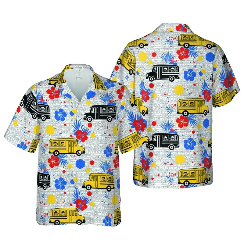 Tropical Hawaiian Yellow School Buses With Children, Confetti, Dense Mosaic Short-sleeve Hawaiian Shirt - 1