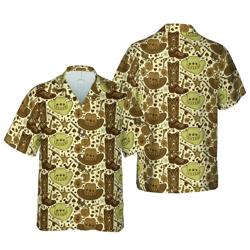 Tropical Cowboy Western Pattern: Hats, Boots, Revolvers, Badges, Guitars, Khaki Beige Brown Short-sleeve Hawaiian Shirt - 1