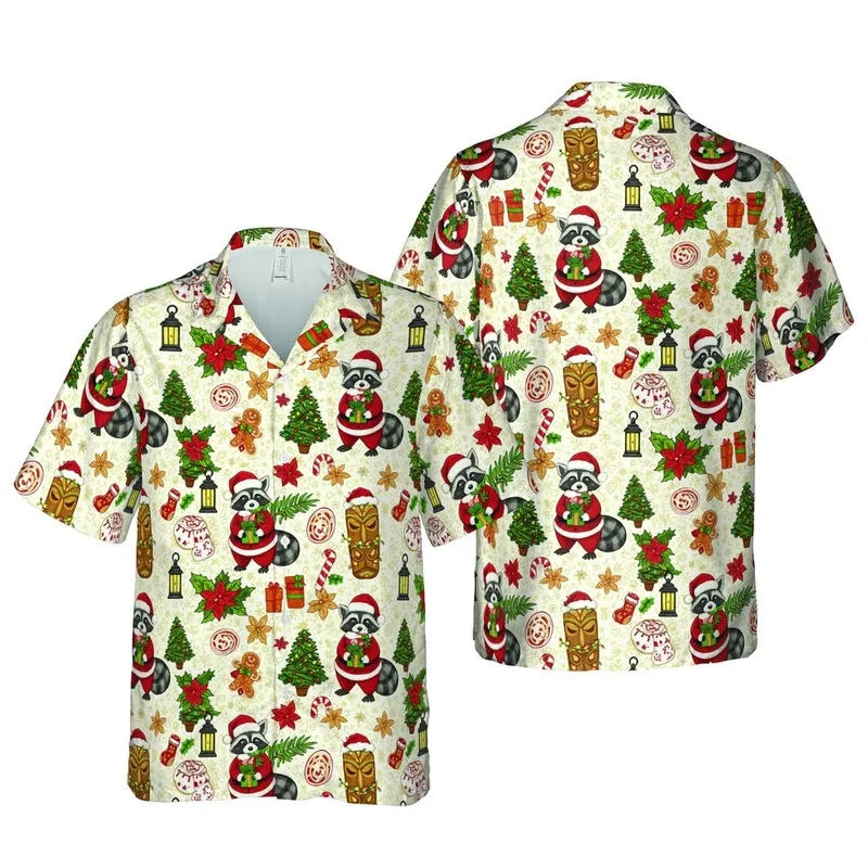 Raccoon Santa Tiki Mask Hawaiian Pattern - Christmas Gifts, Holly, Poinsettia, Candy Cane Short-sleeve Hawaiian Shirt - 1