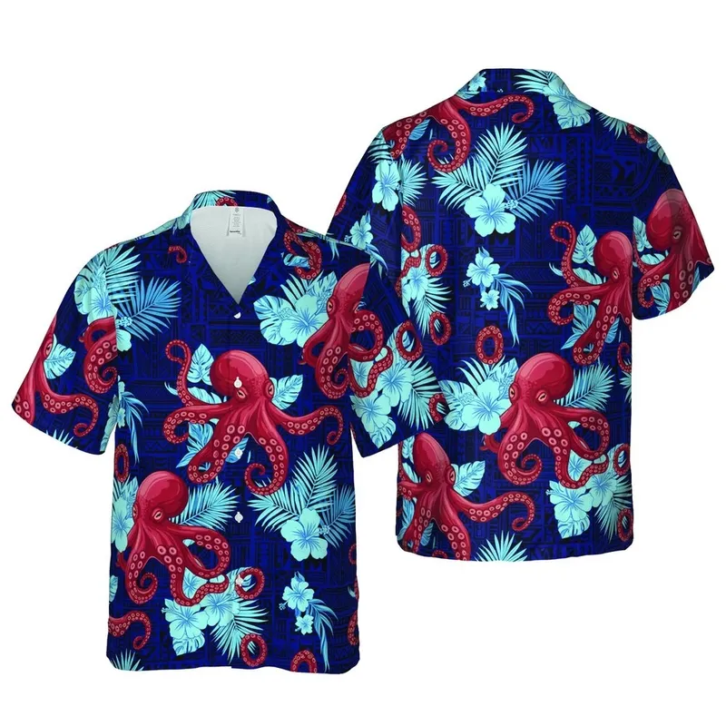Seamless Hawaiian Octopus Fabric Design: Red Sucker Octopi, Blue Hibiscus, Polynesian Tribal Short-sleeve Hawaiian Shirt - 1