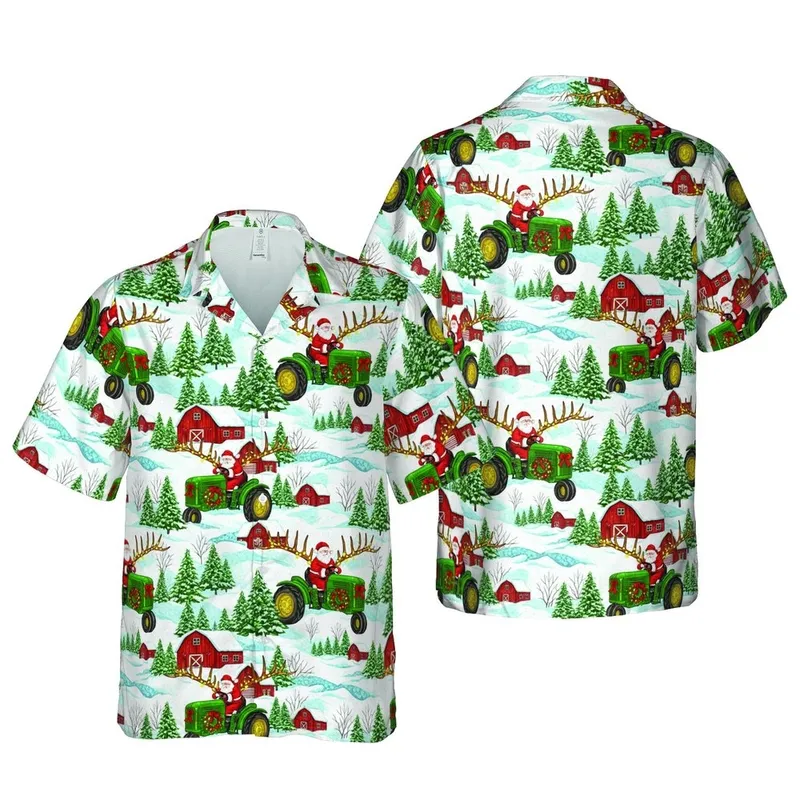 Santa Claus Farm Tractor Deer Antlers String Lights Wreath Snowy Barns Winter Landscape Short-sleeve Hawaiian Shirt - 1