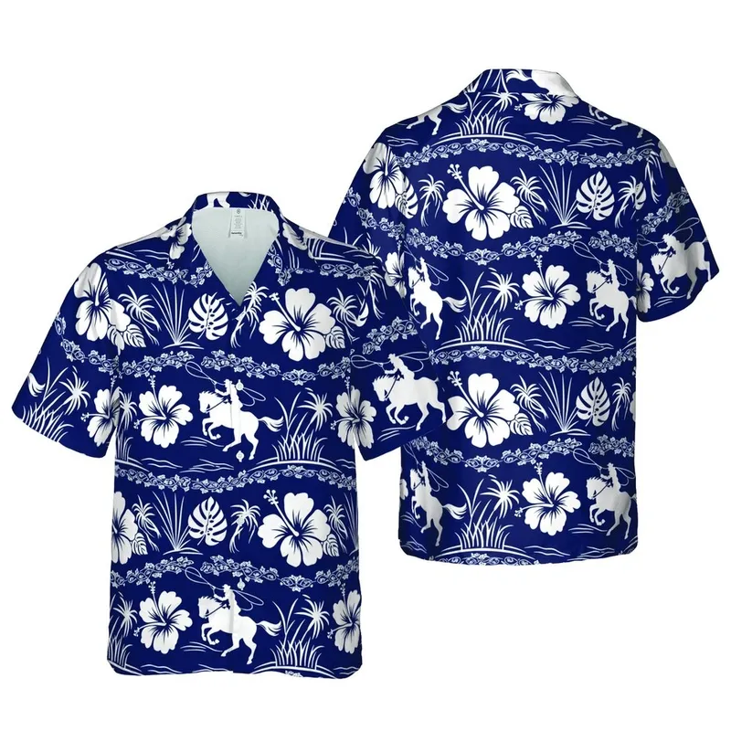 Paniolo Cowboy Hawaiian Rider Seamless Bucking Horse Roping Navy White Sublimation Short-sleeve Hawaiian Shirt - 1