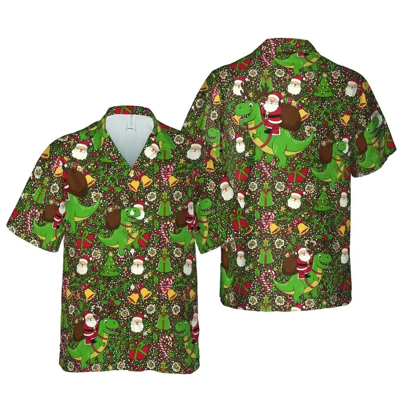 Santa T-Rex Hawaiian Christmas: Gingerbread, Candy Cane, Mistletoe, Holly Berries Short-sleeve Hawaiian Shirt - 1