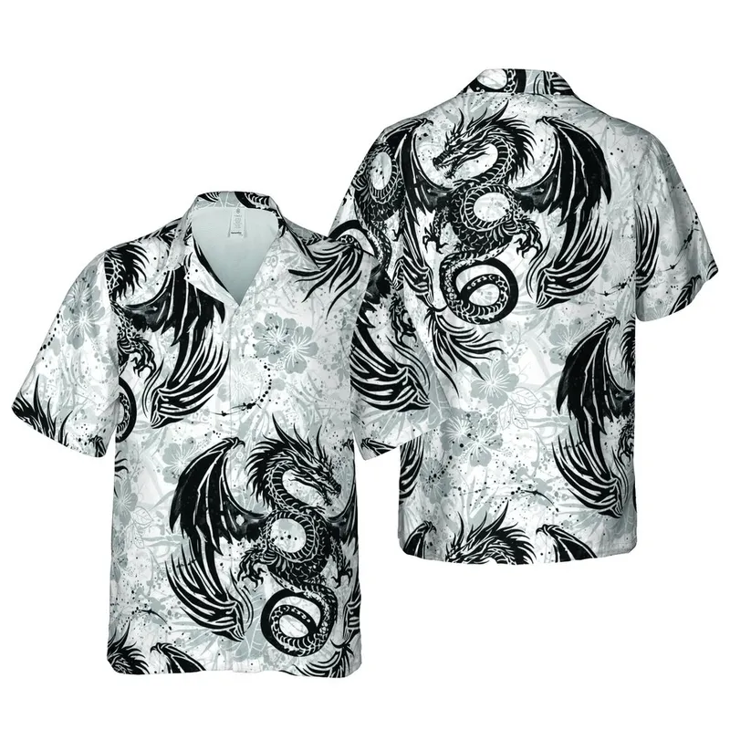 Hawaiian Dragon Motif: Black Coiled Dragons, Ink Splatter Tribal, High Contrast Sublimation Fabric Short-sleeve Hawaiian Shirt - 1