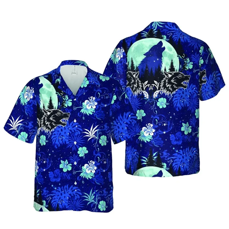 Howling Wolf Double-Exposure Pine Moon, Three-Headed Deep Blue Teal White Pattern Short-sleeve Hawaiian Shirt - 1