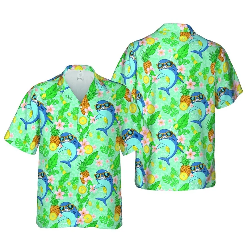 Blue Shark Fan Seamless Pattern: Jumping Sharks, Orange Sunglasses, Pineapple Plumeria Short-sleeve Hawaiian Shirt - 1