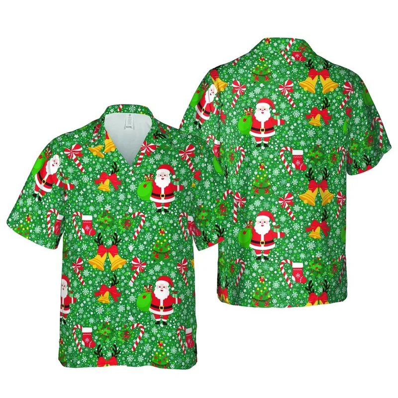 Christmas Fan Hawaiian Santa Reindeer Elf Stocking Tree Holly Bell Motif Short-sleeve Hawaiian Shirt - 1