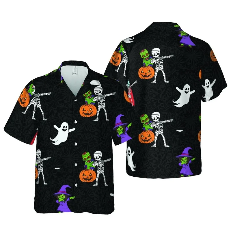 Halloween Dabbing Vampire Skeleton Zombie Witch Ghost Hawaiian Textile Print Short-sleeve Hawaiian Shirt - 1