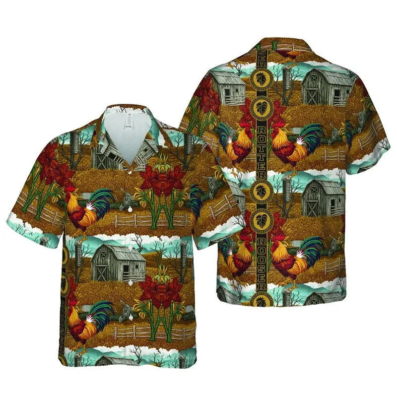 Rooster Gamecock Hawaiian Print: Golden Orange Red Rustic Barns & Rural Hills Short-sleeve Hawaiian Shirt - 1