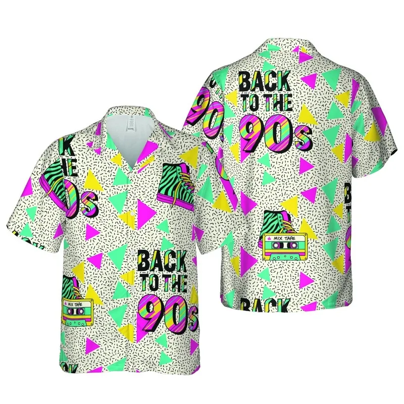 BACK TO THE 90 Striped Typography, Zebra High-Top Sneaker, Cassette, Geometric Tile Design Pink Teal Yellow Purple Black Cream Short-sleeve Hawaiian Shirt - 1