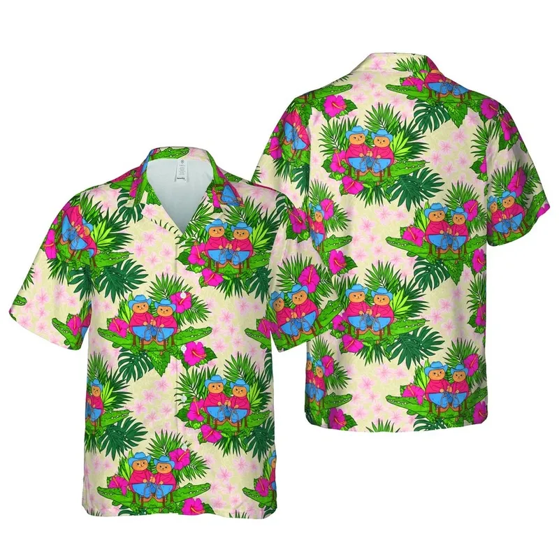 Ginger Cat Cowboy Hat Alligator Ride, Emerald Green Palm Hibiscus Plumeria Botanical Scene Short-sleeve Hawaiian Shirt - 1