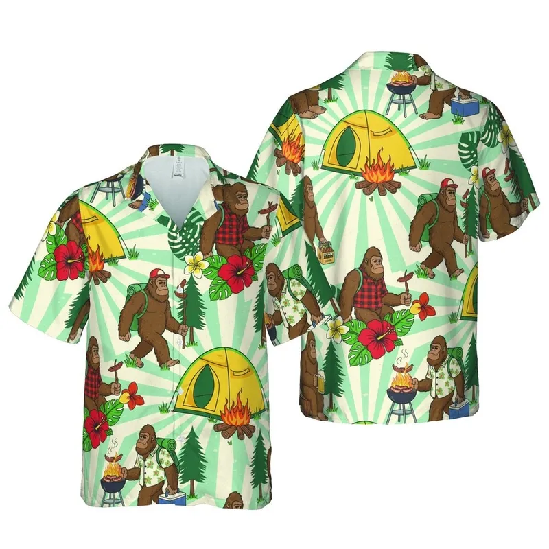 Sasquatch Camper Grilling Beer Tent Hawaiian Retro-Striped Sunburst Pattern Short-sleeve Hawaiian Shirt - 1