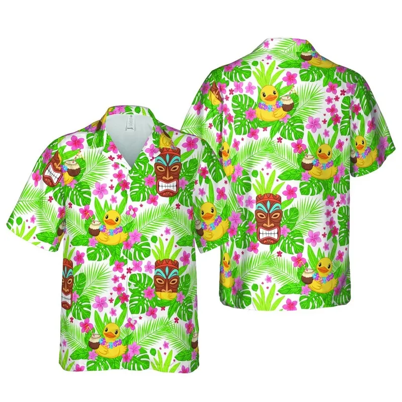 Cartoon Yellow Duck Coconut Lei Tiki Mask Tribal Monstera Plumeria Hawaiian White Pattern Short-sleeve Hawaiian Shirt - 1