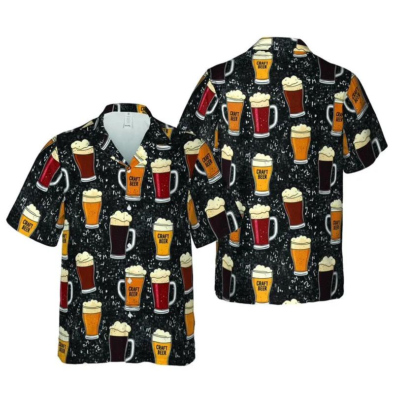 Craft Beer Lover Hawaiian: Lager Ale Stout Glasses, Frothy, Dark Mottled Short-sleeve Hawaiian Shirt - 1