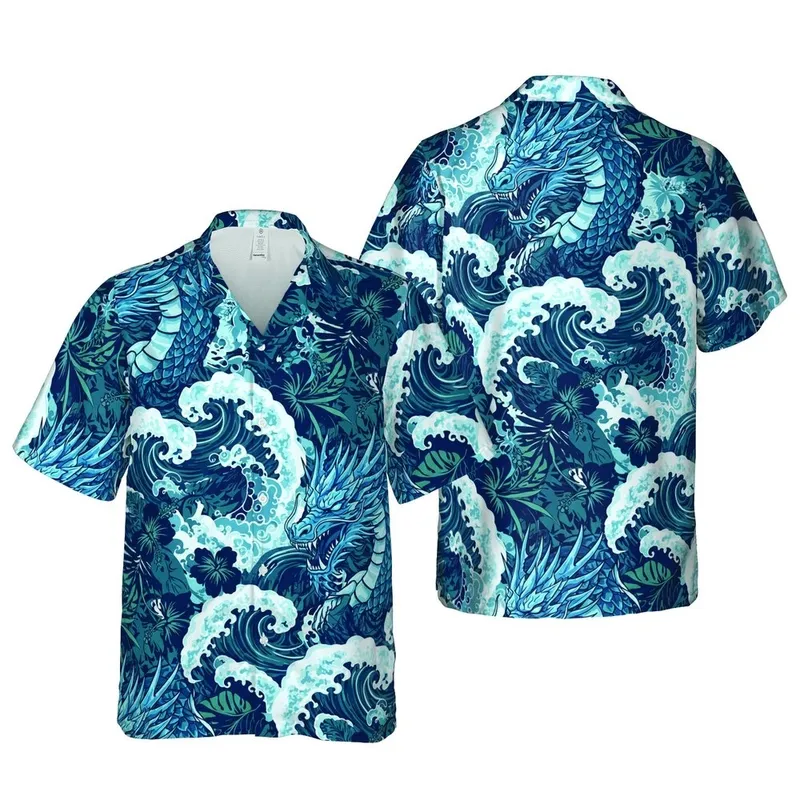 Snarling Ice Dragon Design: Coiling Scales, Teal Hawaiian Wave & Oceanic Mist Pattern Short-sleeve Hawaiian Shirt - 1