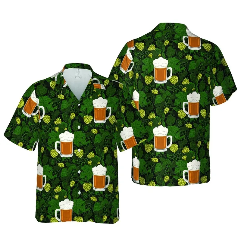 Craft Beer Lover Hawaiian Pattern: Frothy Steins, Hop Leaves, Golden Cones Short-sleeve Hawaiian Shirt - 1