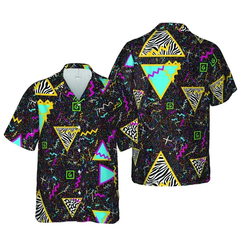 Hawaiian Retro Geometric Triangles Zebra Leopard Cyan Squiggles Magenta G-Squares Black Confetti Tile Short-sleeve Hawaiian Shirt - 1