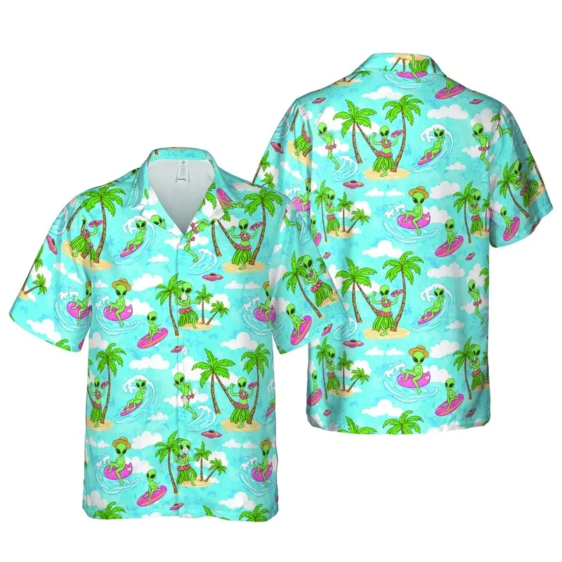 Light Green Alien Surfing Hula Palm Tree Ocean Beach Flamingo Saucer Pattern Short-sleeve Hawaiian Shirt - 1