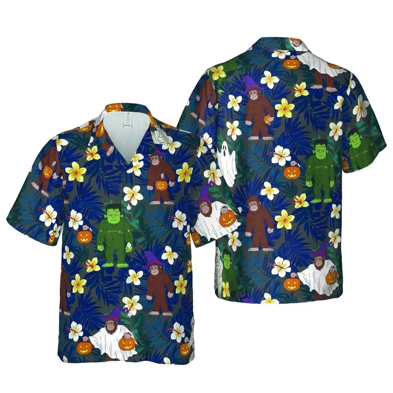 Sasquatch Fan Hawaiian Pattern: Mummy Ghost Witch Frankenstein Tropical Foliage Short-sleeve Hawaiian Shirt - 1