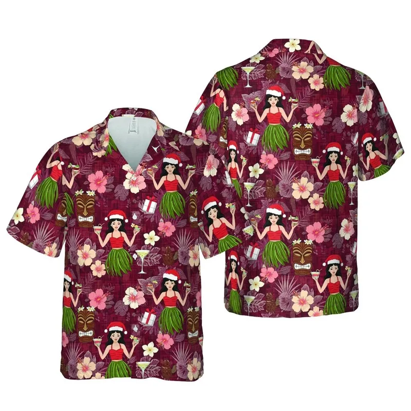 Pin-up Hula Girls Tiki Masks Christmas Cocktails Pineapples Red Hawaiian Fabric Short-sleeve Hawaiian Shirt - 1