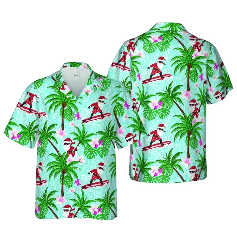 Santa Claus Surfing Hawaiian Pattern Fabric: Star Shorts, Frangipani Palm, Water Ripple Short-sleeve Hawaiian Shirt - 1