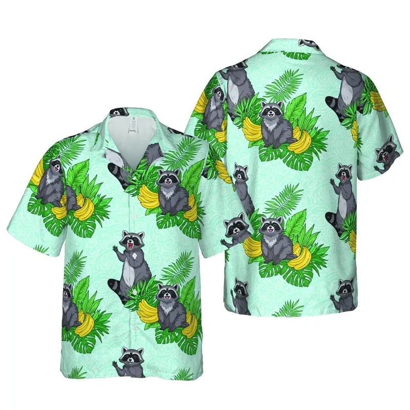 Raccoon Lover Animated Hawaiian Tropical Banana Palm Aqua Wave Textile Print Short-sleeve Hawaiian Shirt - 1
