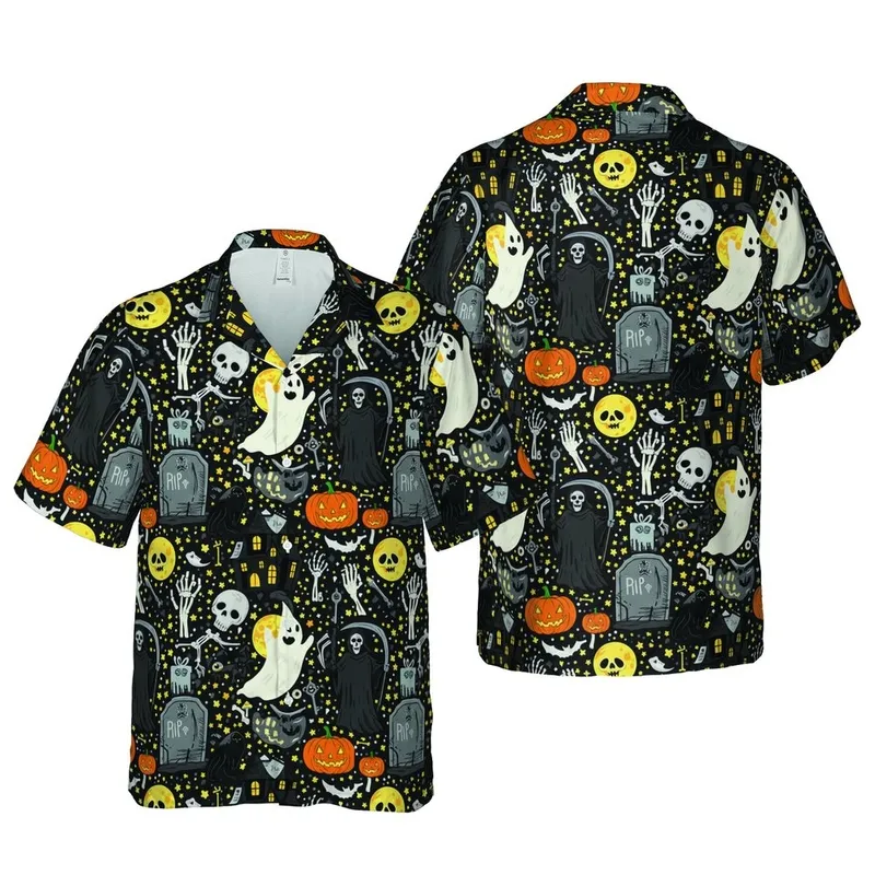 Hawaiian Jack-o'-lantern Skulls Ghosts Witches Reapers Bats Tombstones Pattern Short-sleeve Hawaiian Shirt - 1