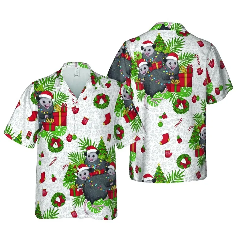 Hawaiian Opossum Christmas Arrangement: Santa Hat, String Light, Candy Cane Festive Display Short-sleeve Hawaiian Shirt - 1