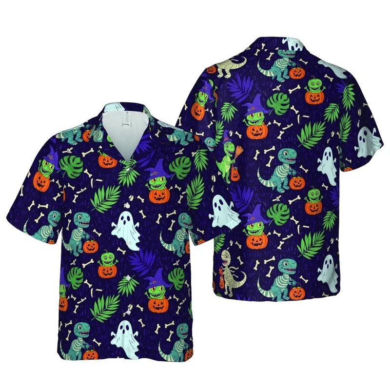 Dinosaur Hawaiian Halloween Pattern: Trick-or-Treat & Jack-o'-Lanterns Bone Short-sleeve Hawaiian Shirt - 1