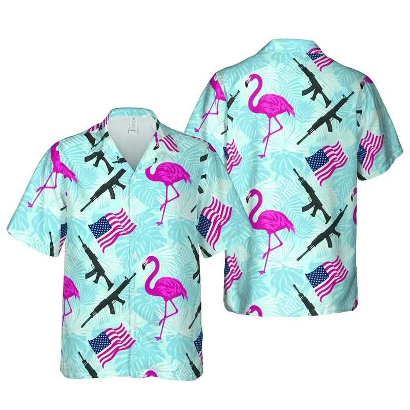 Pink Flamingo & American Flag Rifle Tropical Palm Frond Sky Blue Arrangement Short-sleeve Hawaiian Shirt - 1