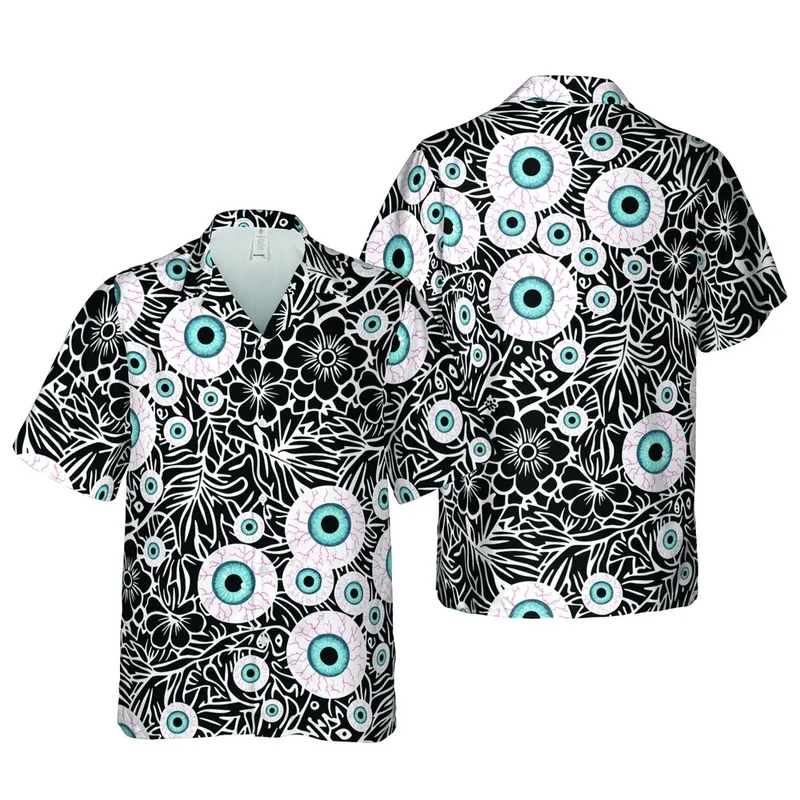 Seamless Hawaiian Pattern: Realistic Eye, Red Veins, Light Blue Iris, Black Mosaic Short-sleeve Hawaiian Shirt - 1
