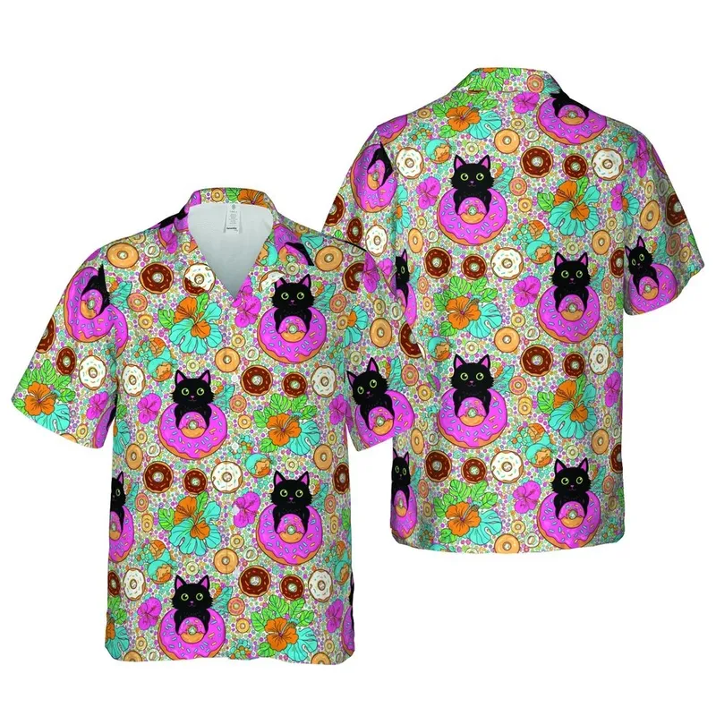 Black Cat Donut Hawaiian Pattern: Pink Frosted Donuts, Colorful Sprinkles Fabric Design Short-sleeve Hawaiian Shirt - 1