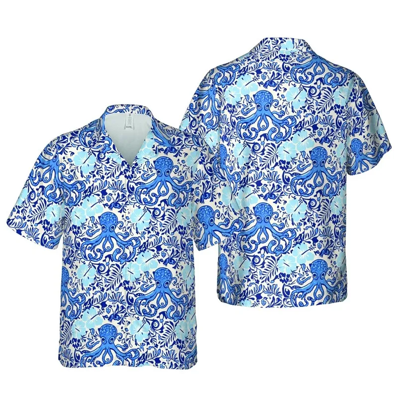 Blue Octopus Hawaiian Hibiscus Large Eyes Curled Tentacles Cream Swirling Vines Pattern Short-sleeve Hawaiian Shirt - 1