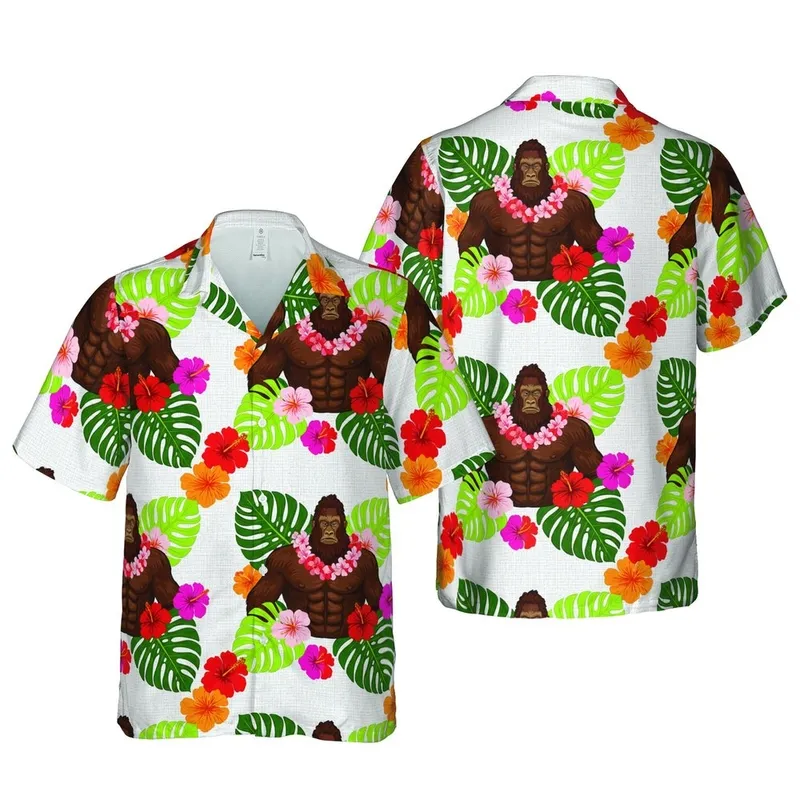 Bigfoot Fan: Muscular Sasquatch Chest, Hibiscus Lei, Tropical Monstera Pattern Short-sleeve Hawaiian Shirt - 1