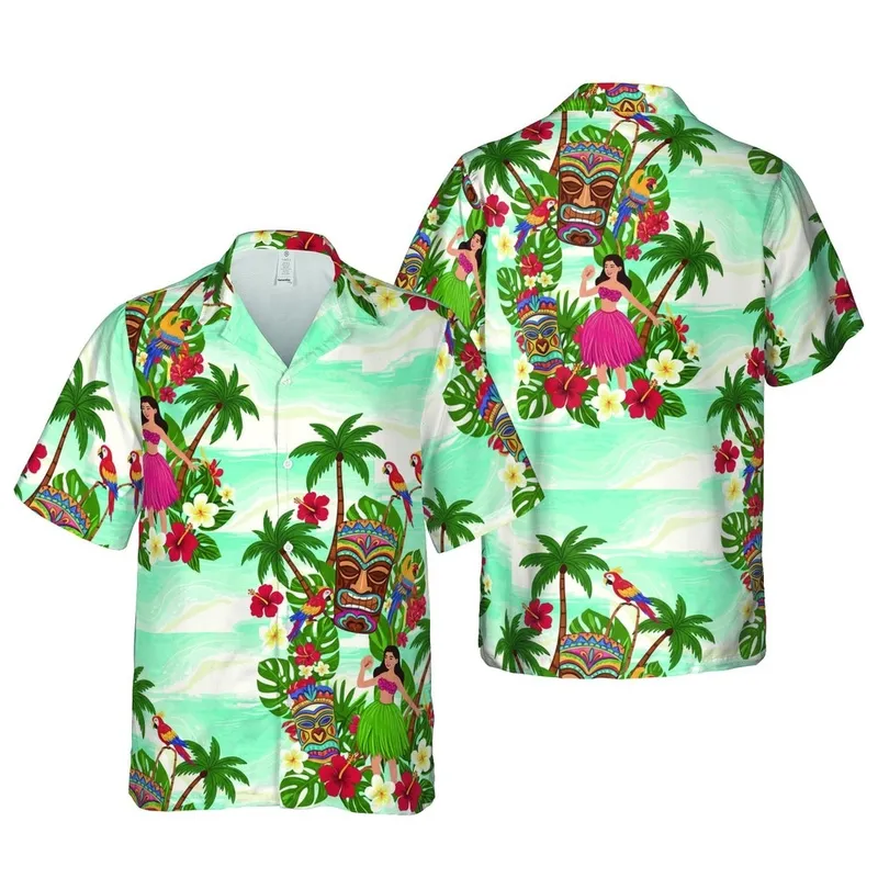 Hula Dancers Tiki Masks Tropical Beach Ocean Scene Palm Trees Parrots Hibiscus Plumeria Short-sleeve Hawaiian Shirt - 1